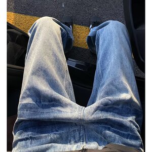 网图 美式复古闪电纹牛仔裤男秋季高街裤子微喇直筒裤780-P37图片