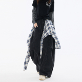 美式假两件拼接牛仔裤男女秋季可拆卸格纹帘直筒阔腿裤9058-P95，女装牛仔裤，电商A318