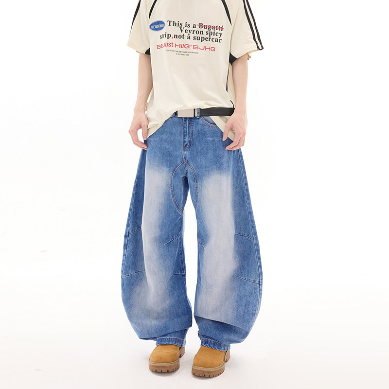 美式复古弯刀牛仔裤男款秋季潮牌宽松直筒男女阔腿裤子9001A-P80,男装牛仔裤,电商A318