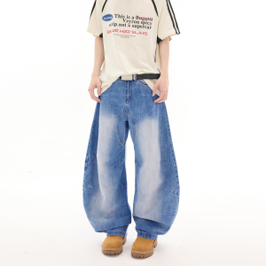美式复古弯刀牛仔裤男款秋季潮牌宽松直筒男女阔腿裤子9001A-P80