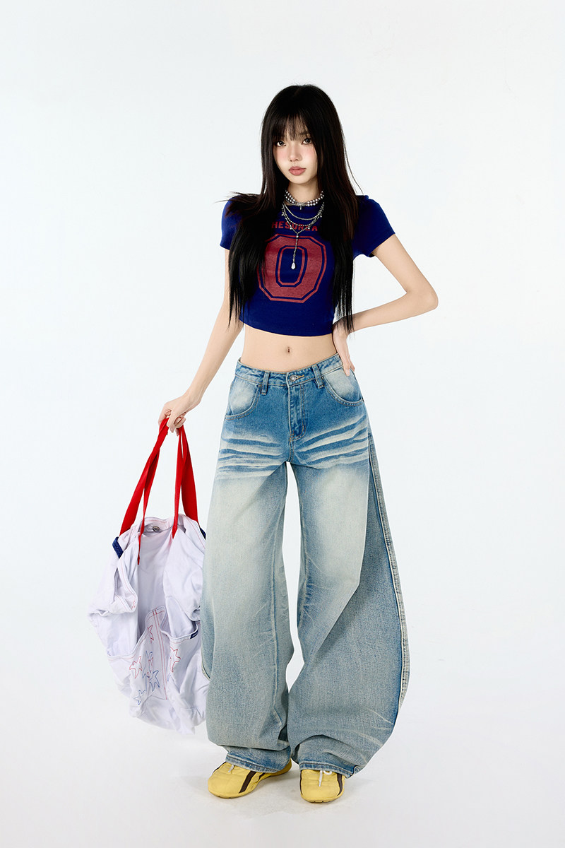 秋季美式复古竹节纹弯刀牛仔裤男女高级感宽松直筒裤子9021-P70,女装休闲裤,电商A318
