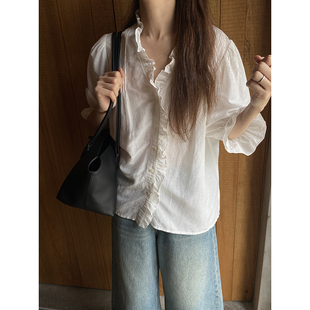 纹理感亚麻棉衬衫 花边领中袖 法式 雏菊BellisPerennis2025SS