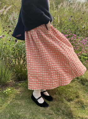 雏菊BellisPerennis2024AW 独特泡泡羊毛亚麻橘粉格两节半身伞裙