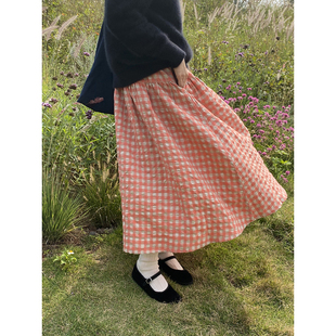 雏菊BellisPerennis2024AW 独特泡泡羊毛亚麻橘粉格两节半身伞裙