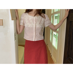 短袖 雏菊BellisPerennis2025SS 140支高支棉樱花粉古董花边小衫