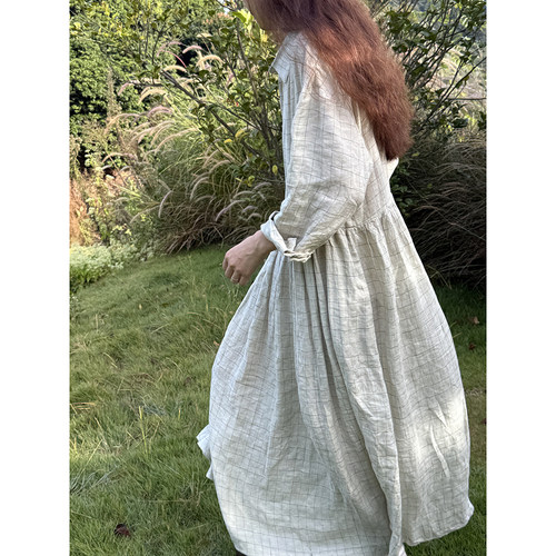 独家定制绿格色织亚麻连衣裙