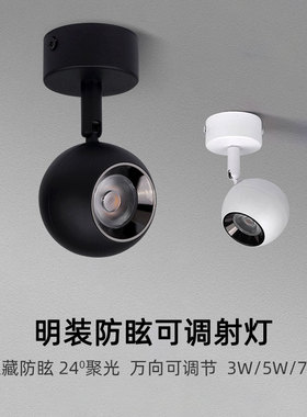 黑色明装防眩小射灯led可调角度3W5W7W玄关照画免开孔吸顶天花灯