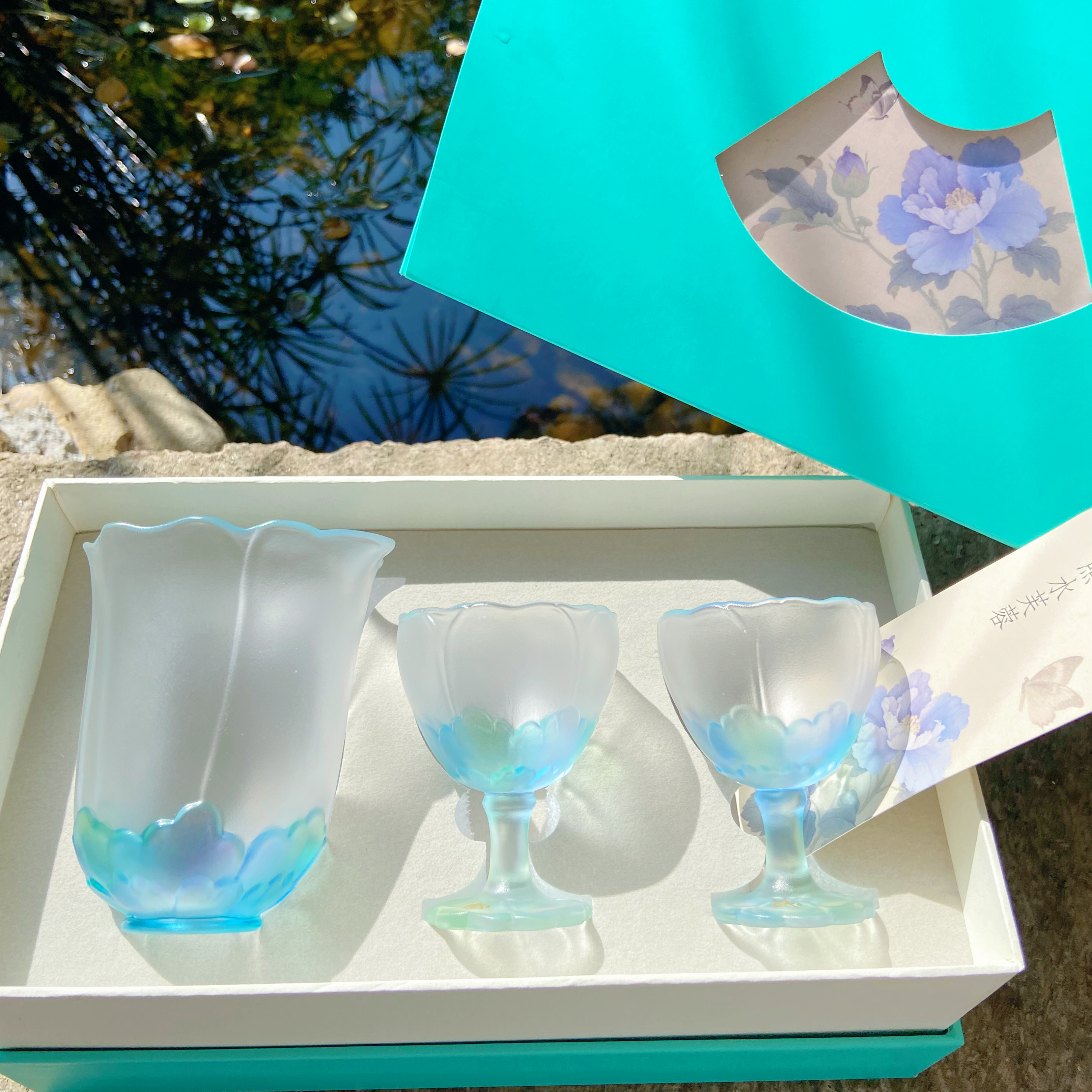 杭州灵隐文创照水芙蓉青绿渐变芙蓉琉璃品茗杯组精致桌面摆件7293