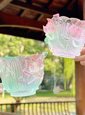 【好云莲莲咖啡杯】粉绿渐变荷花莲花琉璃杯咖啡杯 文创杯子 7702