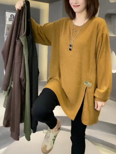女宽松200针织衫 宽松开叉长袖 T恤圆领上衣 300斤春秋季 胖mm特大码