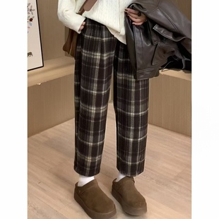 小个子145-155显高格子毛呢裤女xxs加小码加绒七分八分休闲哈伦裤