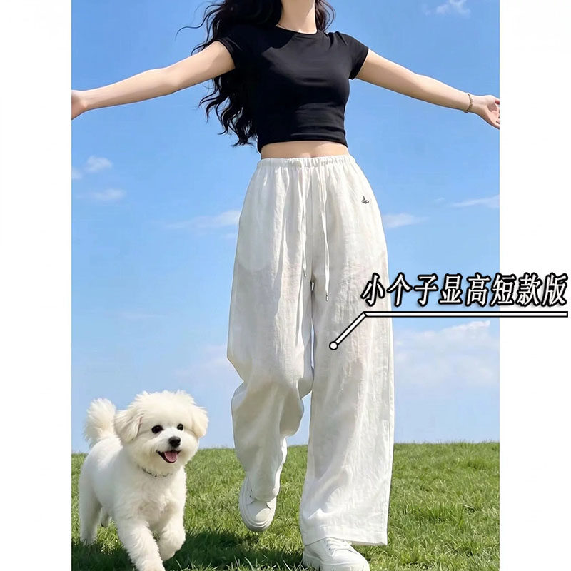 小个子白色亚麻阔腿裤女九分夏季薄款松紧高腰显瘦棉麻直筒长裤子