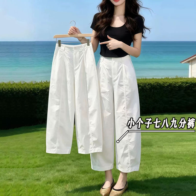 白色洗水棉弯刀休闲裤女夏季小个子薄款八分显高直筒小众阔腿裤xs