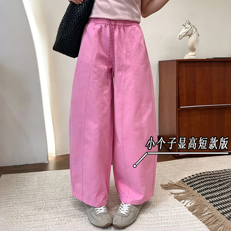 多巴胺玫红色直筒花苞裤女小个子夏季款高腰显瘦垂感阔腿弯刀长裤