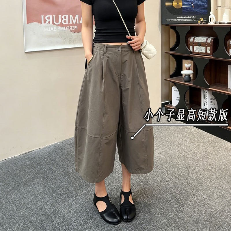高级感松绿色七分宽松弯刀阔腿裤女小个子夏季八分薄款高腰哈伦裤