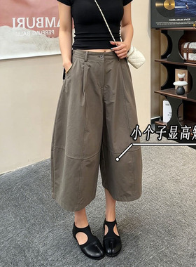 高级感松绿色七分宽松弯刀阔腿裤女小个子夏季八分薄款高腰哈伦裤