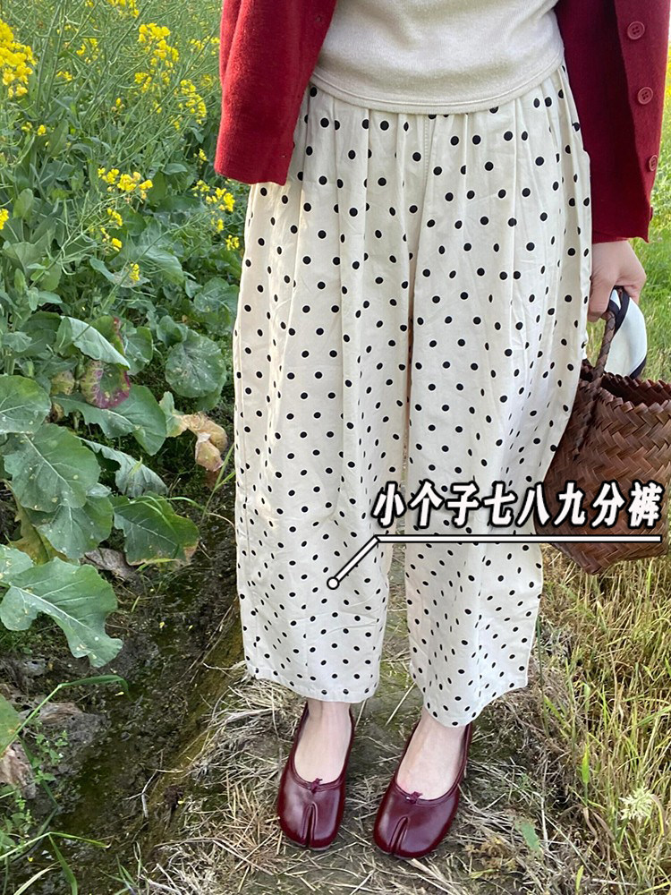 小个子145七分波点棉麻哈伦裤女夏季高腰宽松亚麻休闲直筒裤子xxs