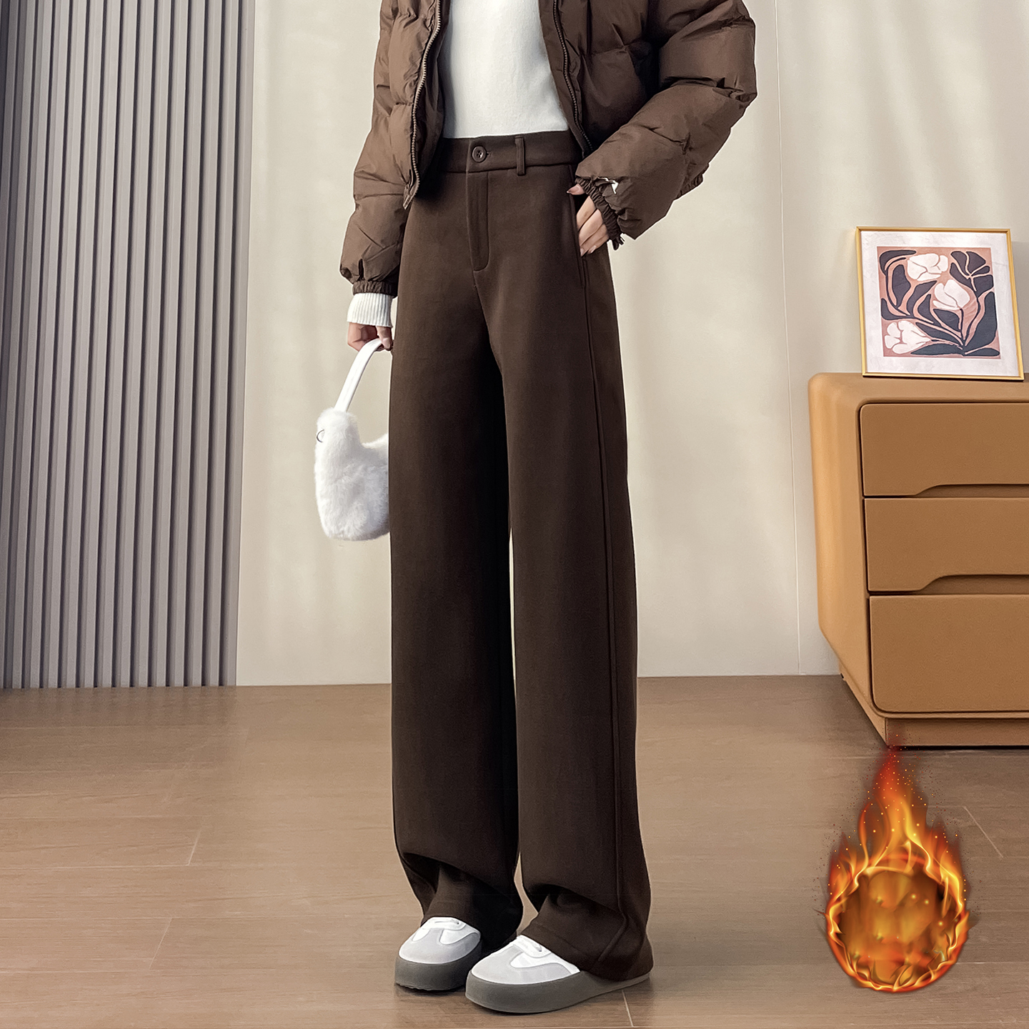 秋冬季咖色毛呢阔腿裤女2025新款小个子加绒加厚窄版直筒西装裤xs