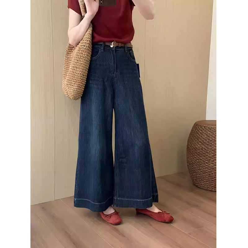 韩版复古微喇牛仔裤女小个子夏季薄款高腰宽松直筒显瘦阔腿喇叭裤