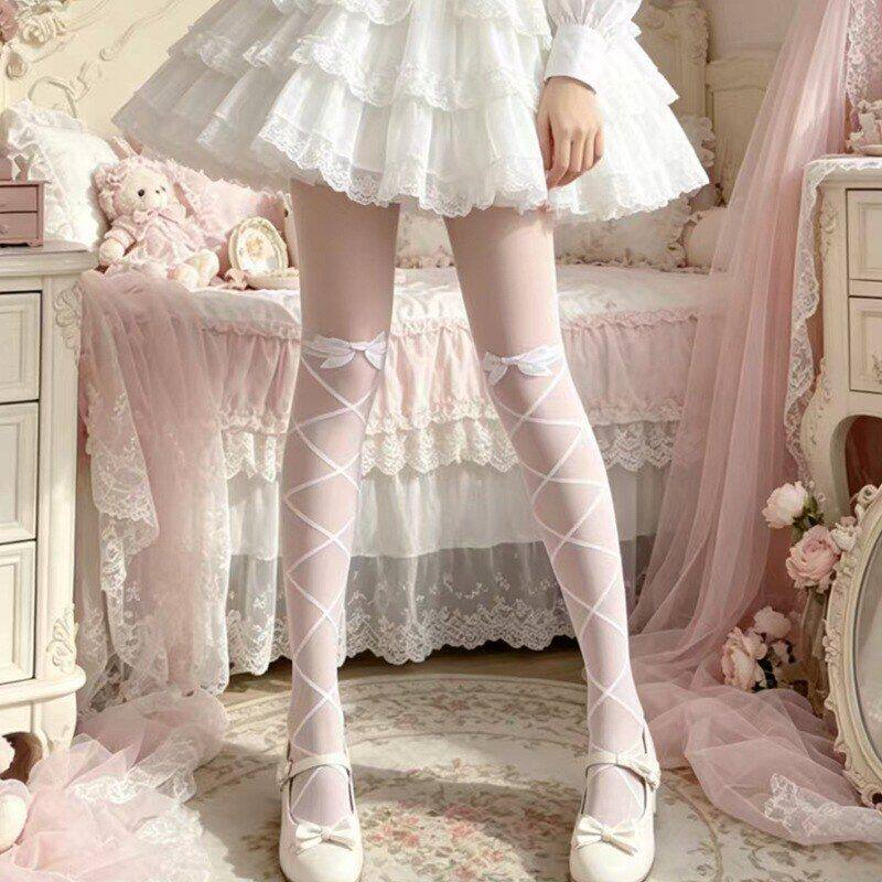Lolita交叉绑带蝴蝶结连裤袜女日系假过膝黑白丝JK薄款丝打底丝袜
