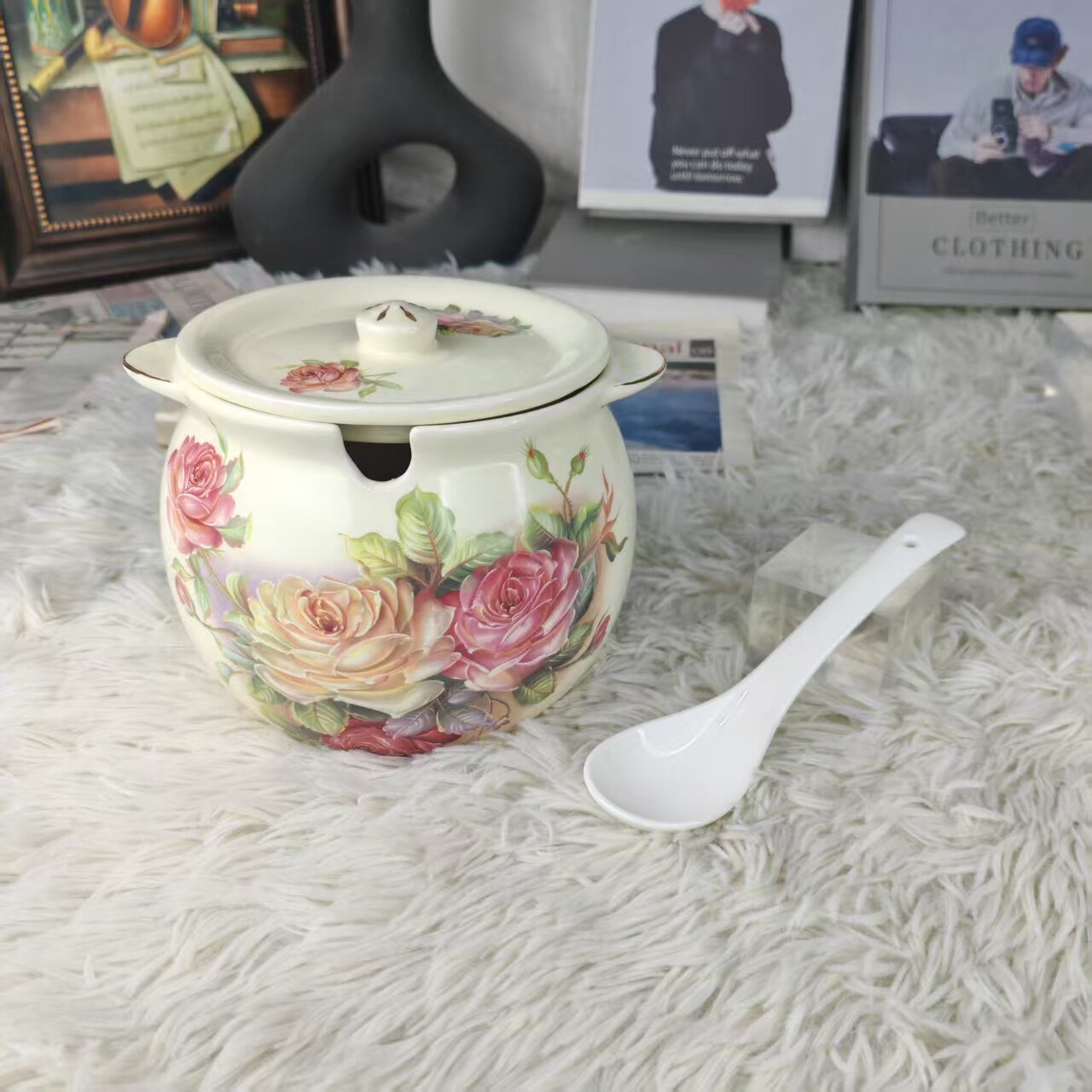 陶瓷玫瑰花猪油罐家用带盖调料罐厨房调味瓶带勺