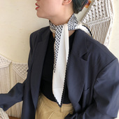 韩国chic风菱形百褶小方巾黑白条纹几何仿真丝压皱领巾发带丝巾女