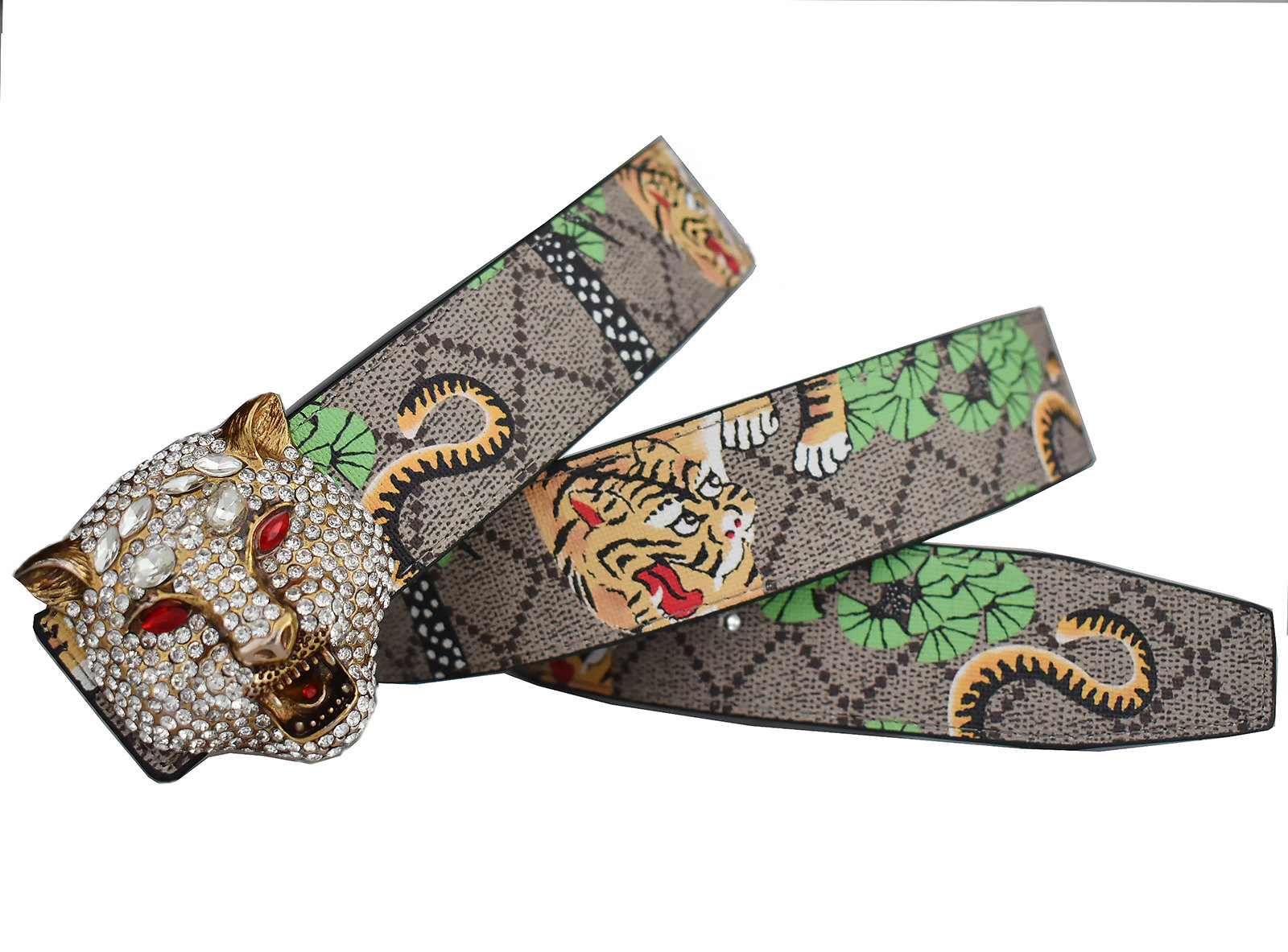 thumbnail for Net youth print European and American leopard buckle men's leather cow belt rhinestone tiger domineering tide cowhide men's pants belt