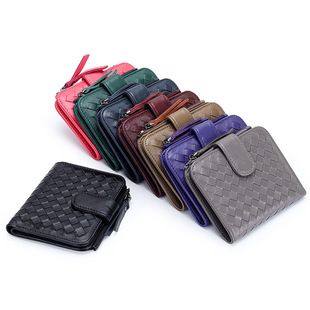 短款钱夹女士羊皮编织经典对折小钱包多功能真皮超薄皮夹