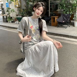 胖mm夏季 大码 设计感正肩显瘦T恤上衣高腰蓬蓬蛋糕a字半身裙两件套
