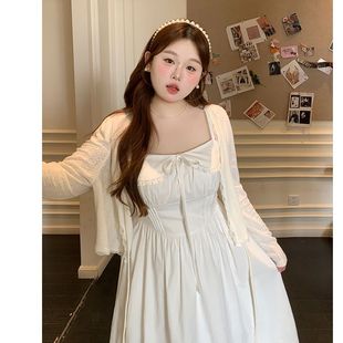 胖mm甜美学院蕾丝拼接吊带连衣裙女防晒针织开衫 大码 温柔风两件套