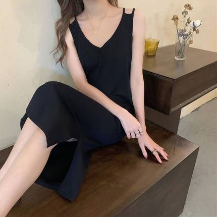 大码针织吊带连衣裙女夏背心长裙中长款配大衣内搭打底裙胖mm春秋