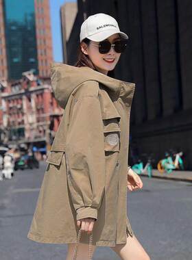 高档连帽风衣外套女中长