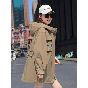 连帽风衣外套女中长款大码宽松洋气韩版女士休闲春秋外套百搭