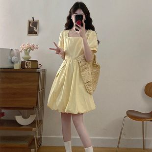 大碼 泡泡連衣裙方領小個子新款 夏季 收腰花苞蓬蓬裙顯瘦裙子女 法式