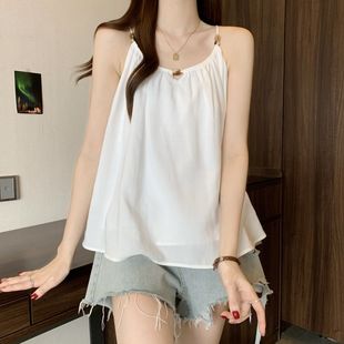 背心上衣 大码 女装 胖MM微胖气质褶皱无袖 圆领珠串度假风小衫