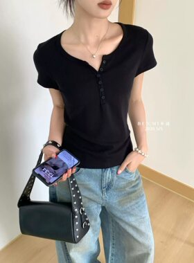 本谜家夏季修身正肩短袖女韩版通勤百搭半开领T恤透气女士上衣