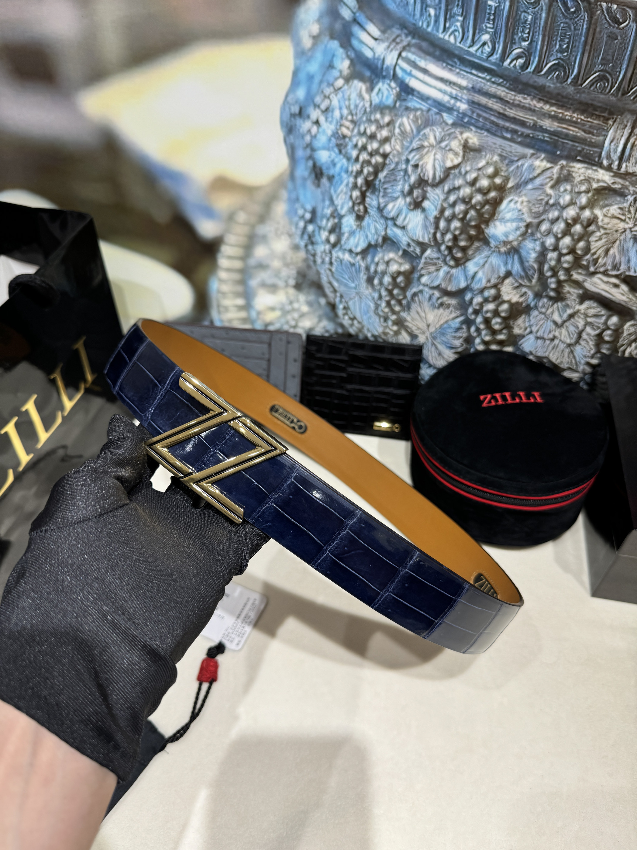 ZILLI 男士腰带进口美洲鳄鱼皮亮面宝蓝色3.5宽双Z不锈钢扣日常