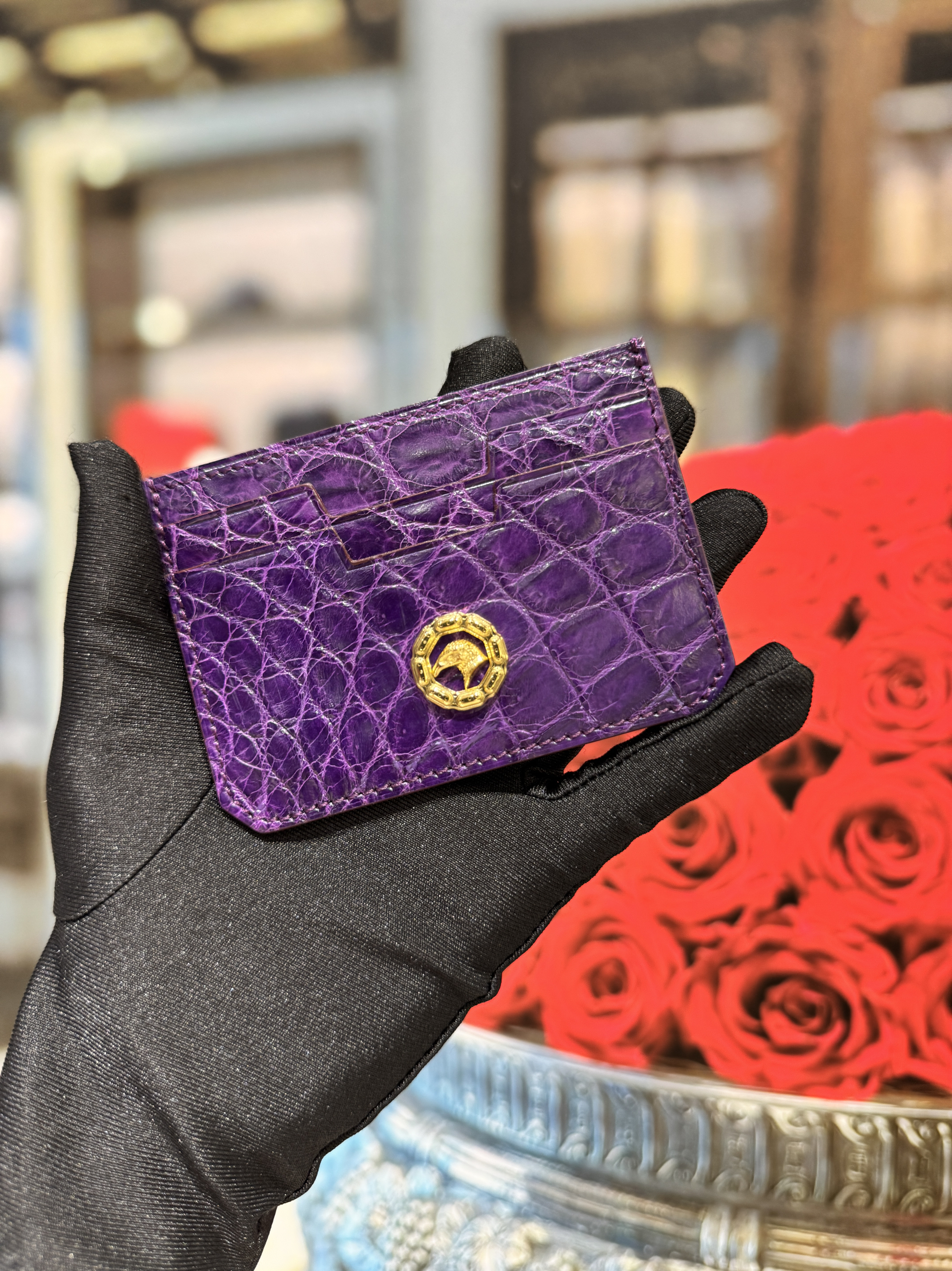 进口美洲紫色鳄鱼皮卡包经典款男女通用带多卡位身份证卡套票夹