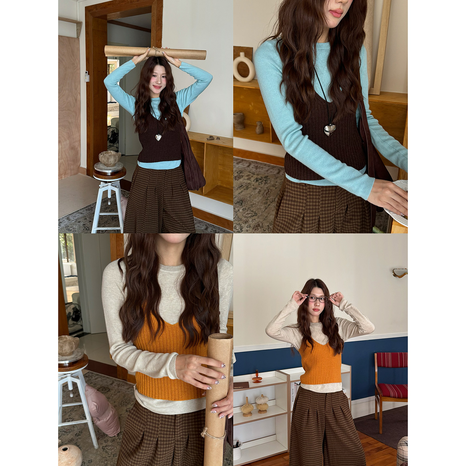 韩系叠穿撞色打底针织衫真两件套
