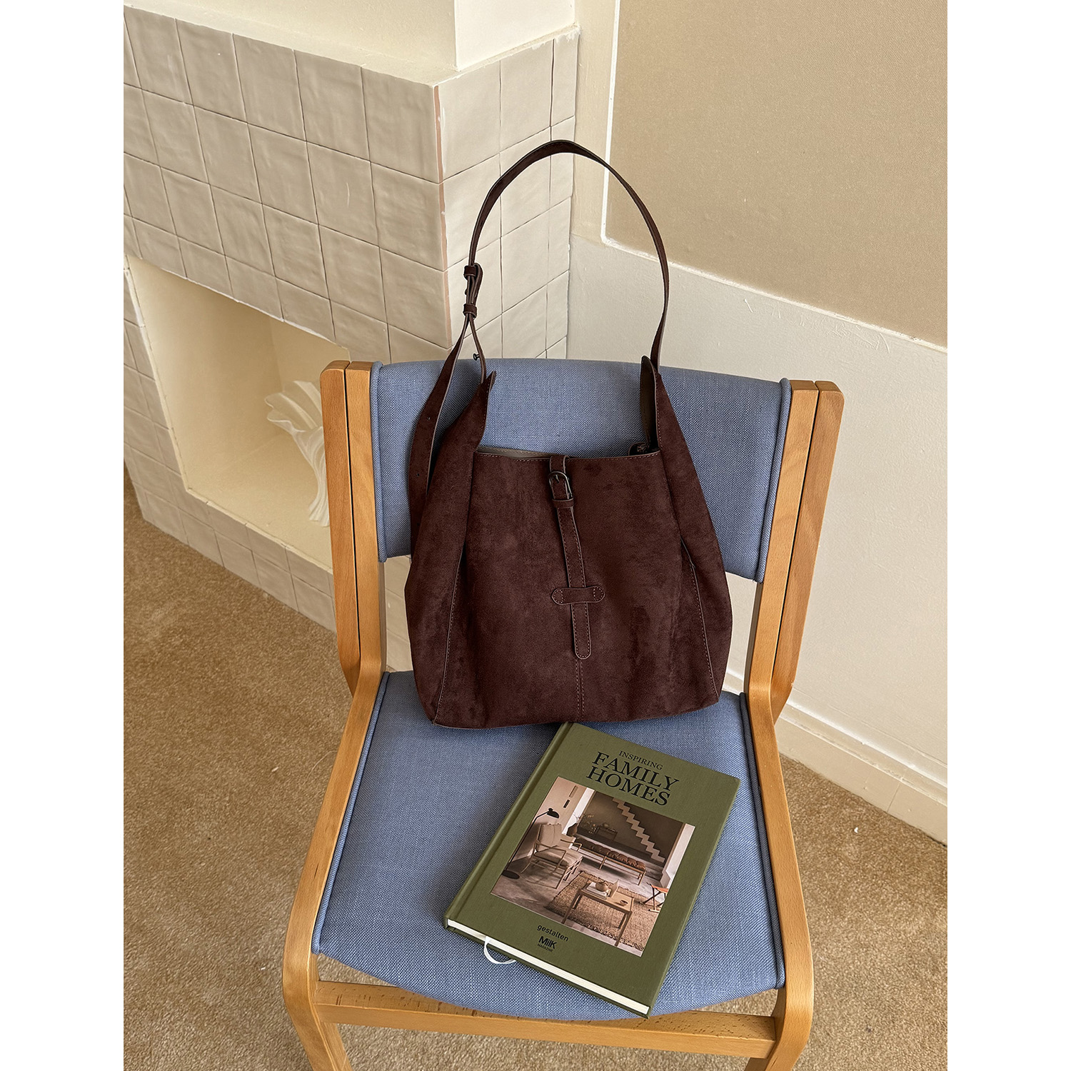 韩系复古麂皮绒单肩包托特包