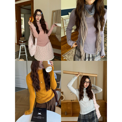 百搭纯色半高领木耳边羊毛针织衫