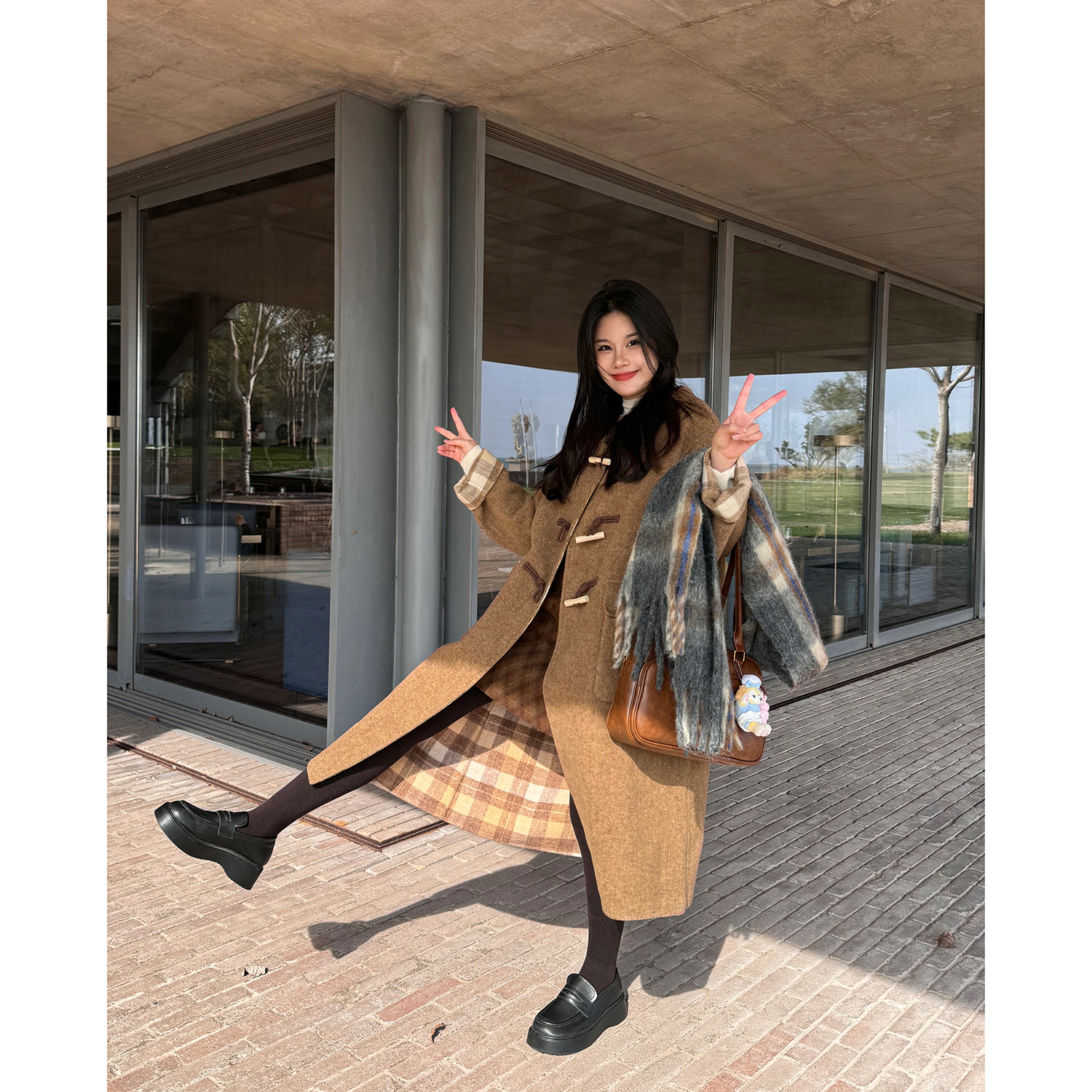 复古咖色格子双面呢羊毛大衣