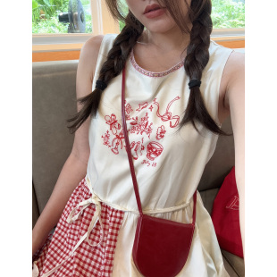 吳寶珠 拼接紅色格子長裙 連衣裙夏季 自制日系甜美刺繡背心無袖