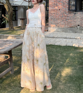 水墨碎花闊腿褲 高腰夏季 皺褶肌理感拖地褲 遛彎褲 女新中式 吳寶珠