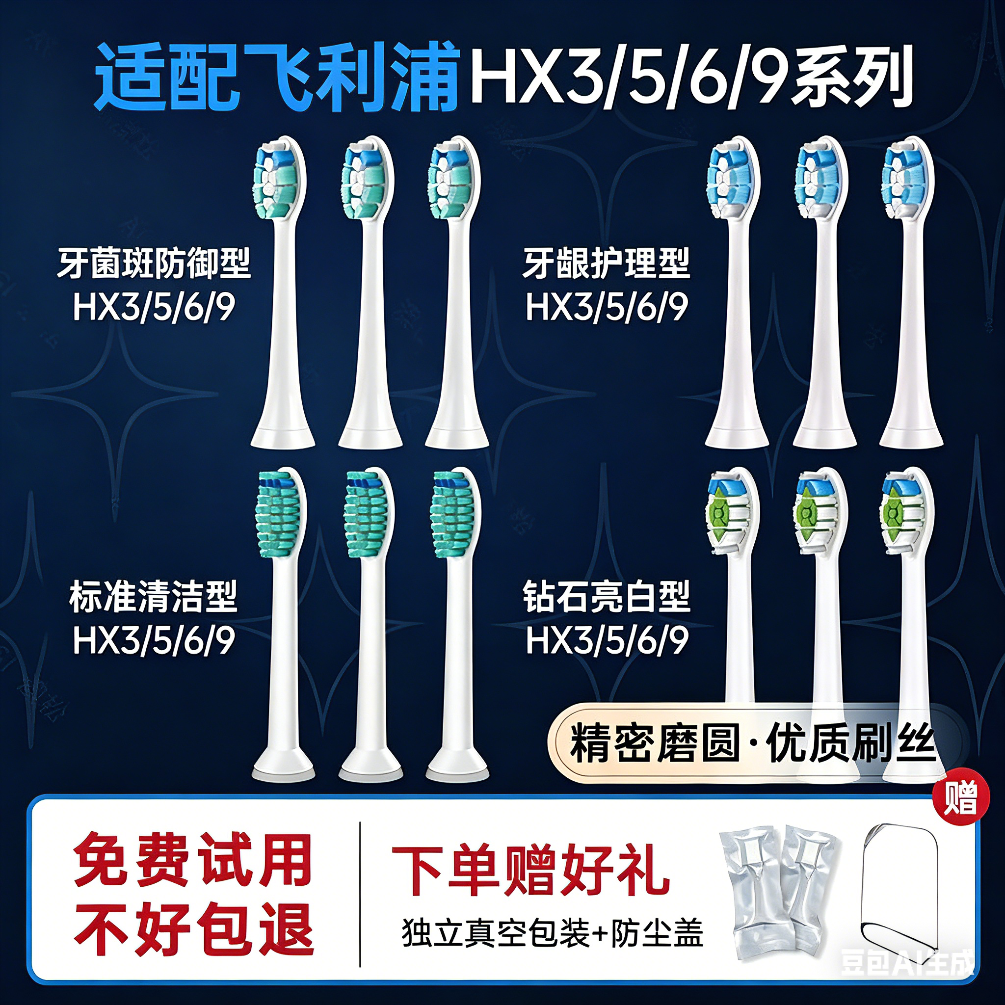 适配飞利浦电动牙刷HX3216/3226/6511/6730/9352替换牙刷头HX9021