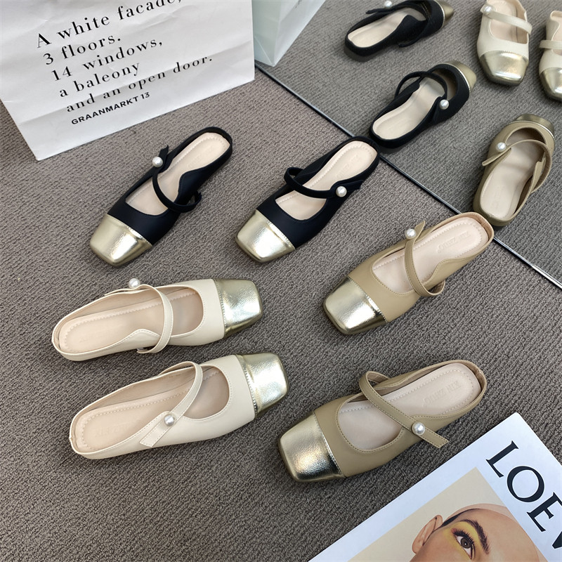 INS KOREAN VERSION COLOR-BLOCKED SQUARE TOE FLAT SLIPPERS WOMENS WEAR BRITISH STYLE BAOTOU LAZY GRANNY MULES TO WEAR OUTSIDE