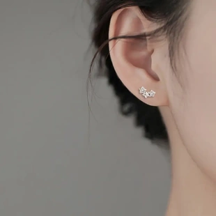 三个星星锆石耳钉气质学生治愈系微笑形五角星闪钻耳环三连星耳饰
