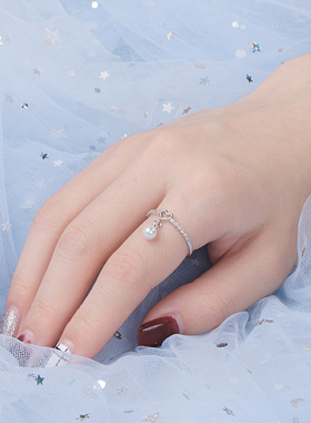 甜美风心形波浪镶钻吊坠珍珠戒指