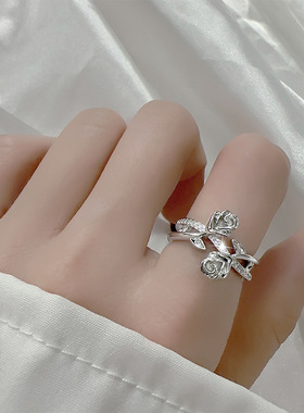 微镶锆石双生玫瑰花戒指开口重工食指戒缠绕双层设计法式花朵指环