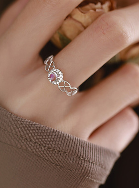 炫彩月光石戒指气质镀金色镂空交叉极光锆石戒子法式精致订婚指环